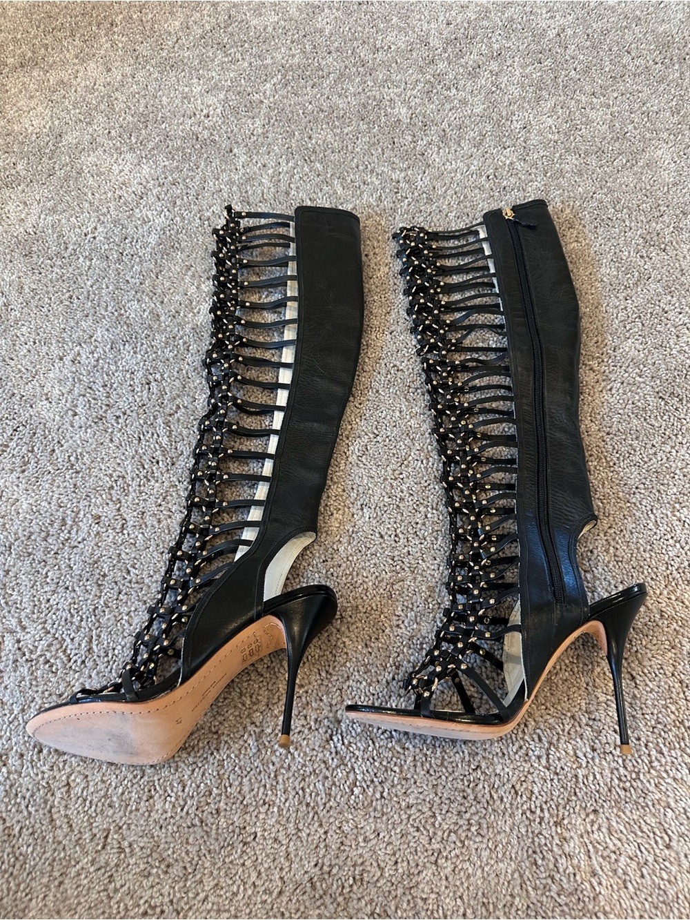 Sophia Webster Black Open Lattice Gold Studded Over-the-Knee Stiletto Boots - Picture 4 of 11
